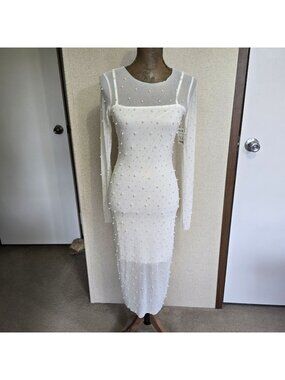 NEW Sincerely Jules M Sheer Long Sleeve Mesh Midi Dress White Pearl Rhinestone